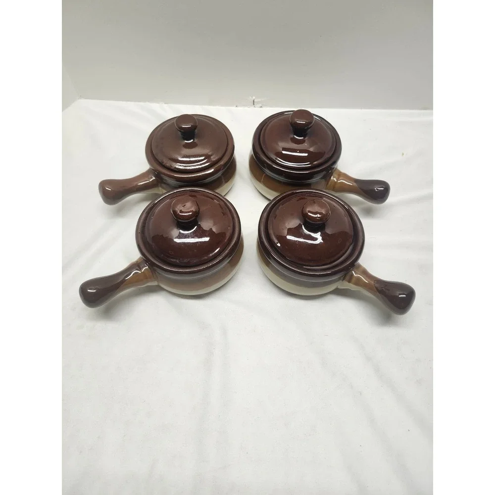 Vintage French Onion Soup Stoneware Crocks with Lids Brown Two Tone Set of 4